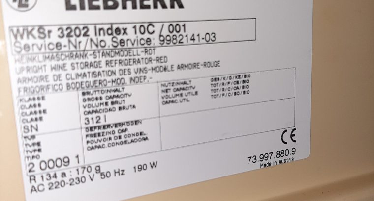 VINOTECA LIEBHERR WKSR 3202, 190W, 312L Capacidad bruta, 6 temperaturas,Luz interior 200 botellas,158x60x60s.